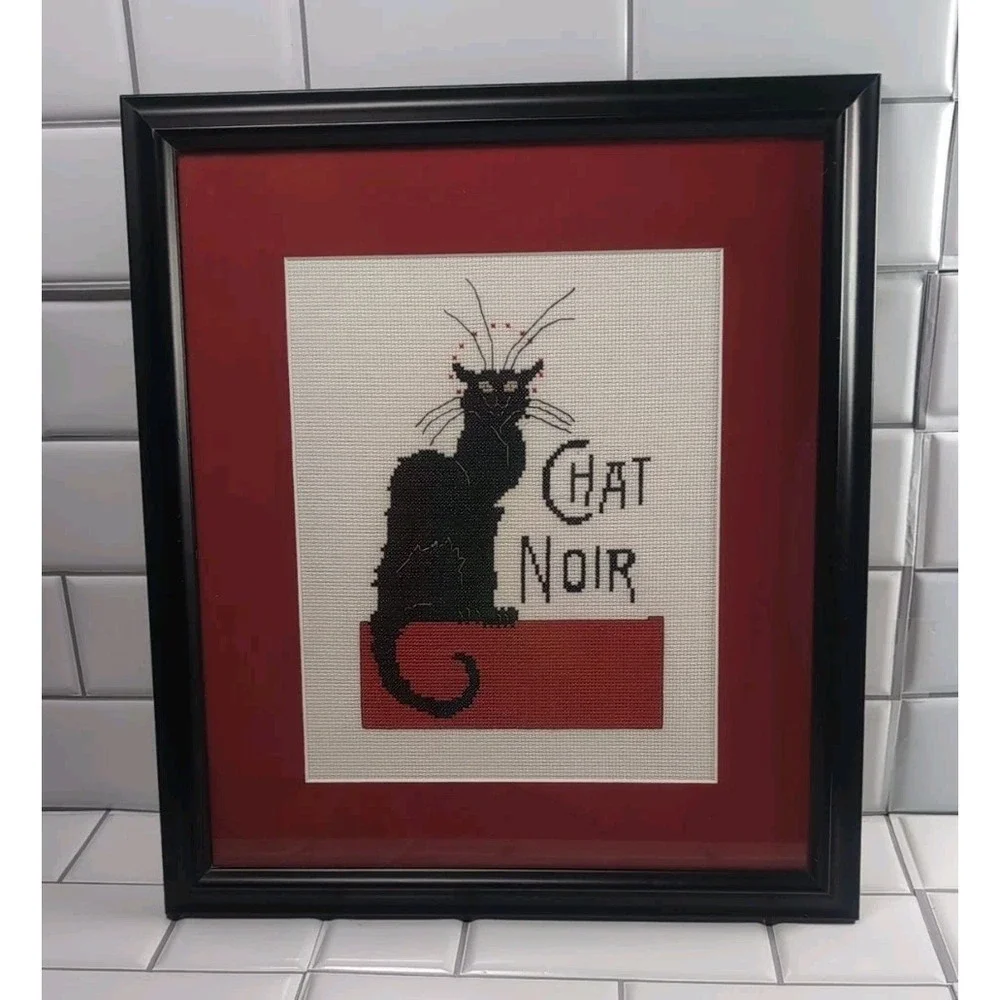 Mod Vintage Le Chat Noir Black Cat Framed/Matted Needlepoint Wall Art Handmade